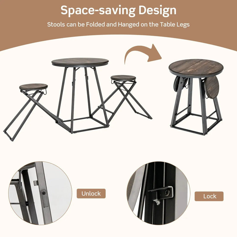 3 Pieces Dining Table Set with 2 Foldable Stools for Small Space-Gray by DirectDeals