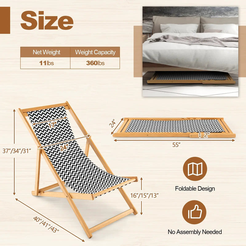 Folding Bamboo Sling Chair with Adjustable Backrest and Canvas-Natural by DirectDeals