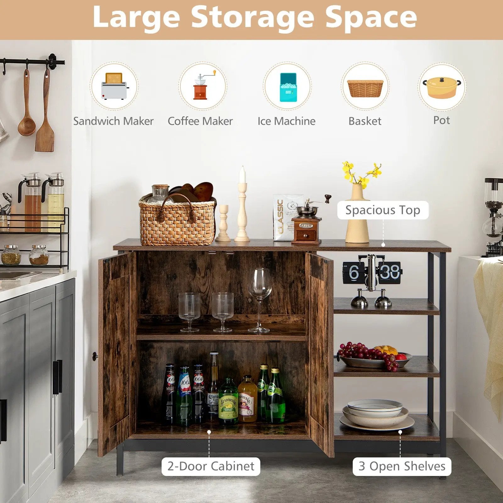 Industrial Kitchen Storage Cabinet with Open Shelves-Rustic Brown by DirectDeals