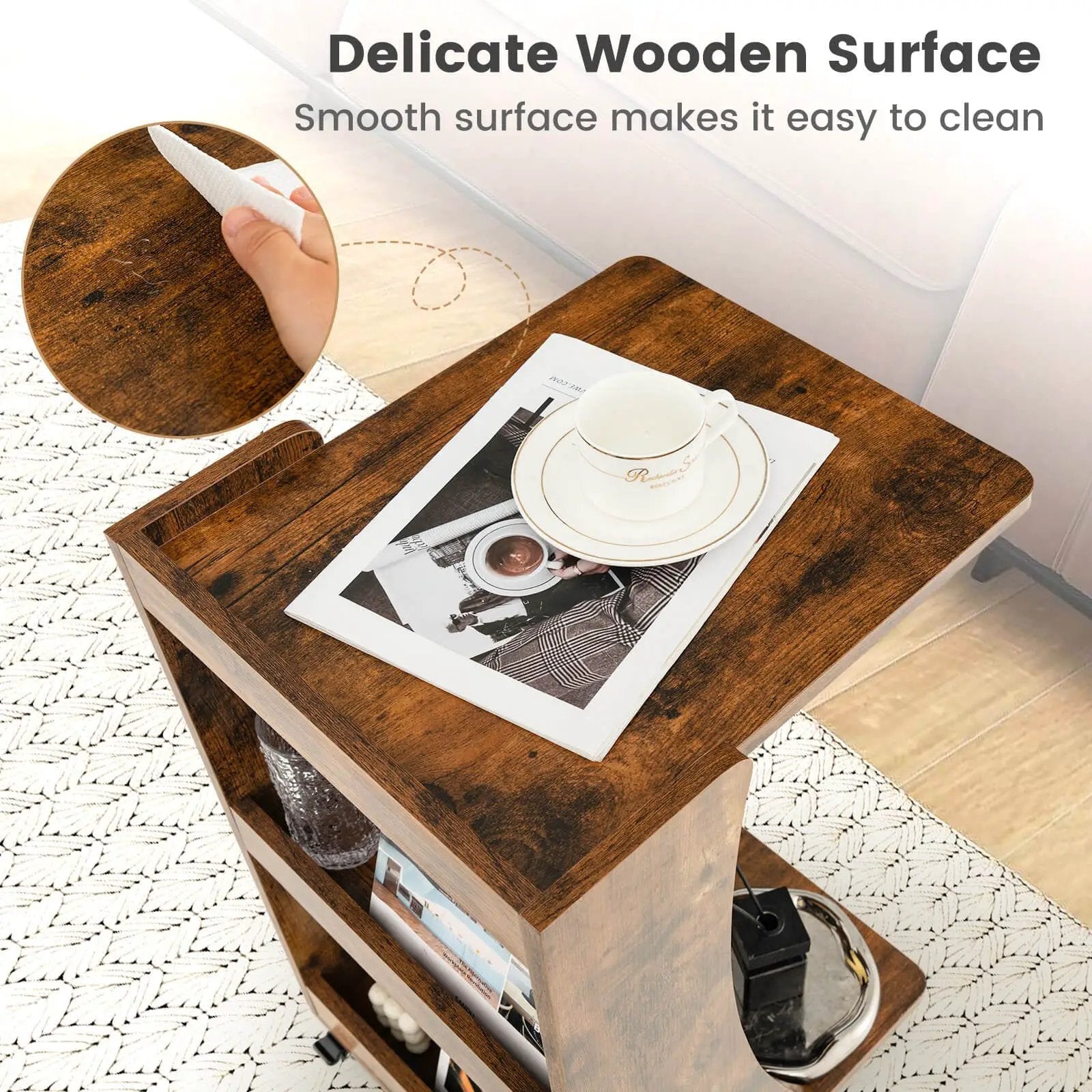 C-shaped Rolling End Side with Back Storage Shelves beside Sofa by DirectDeals