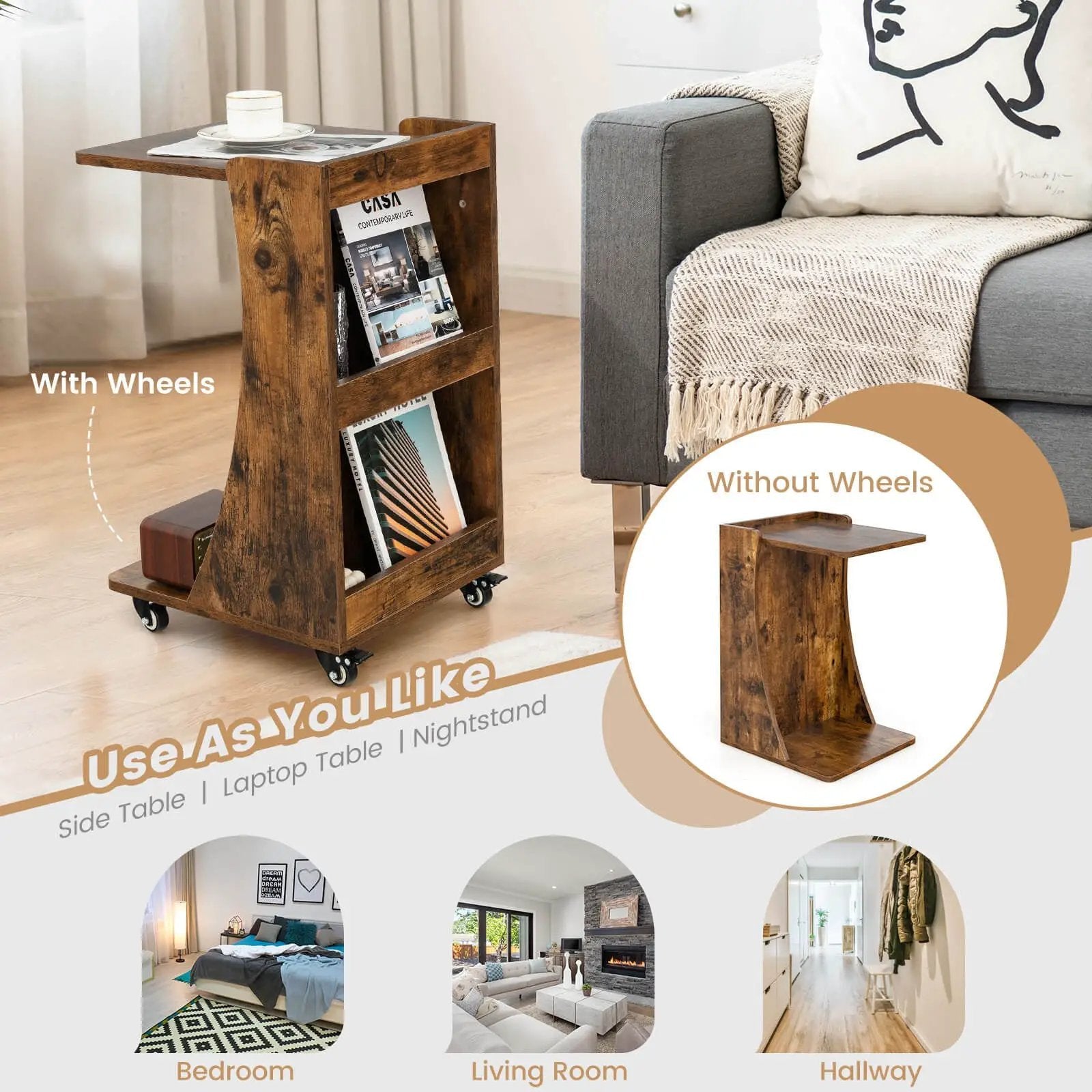 C-shaped Rolling End Side with Back Storage Shelves beside Sofa by DirectDeals