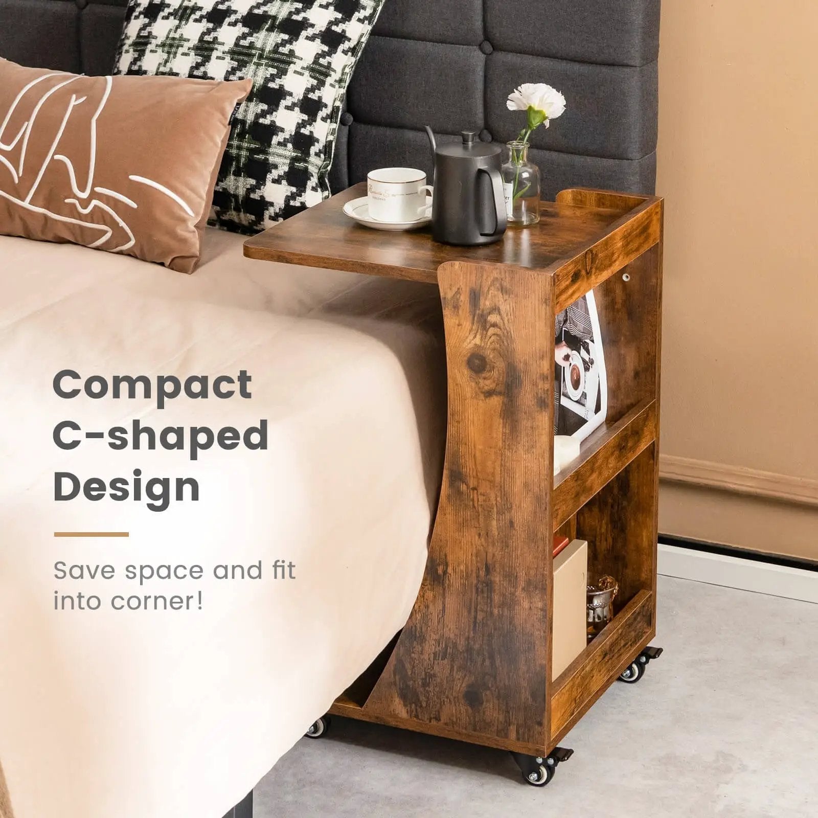 C-shaped Rolling End Side with Back Storage Shelves beside Sofa by DirectDeals