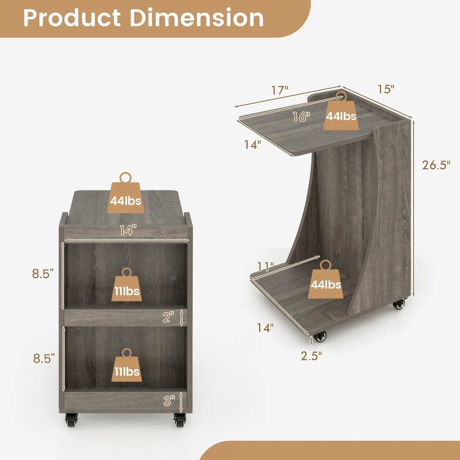 C-shaped Rolling End Side with Back Storage Shelves beside Sofa by DirectDeals