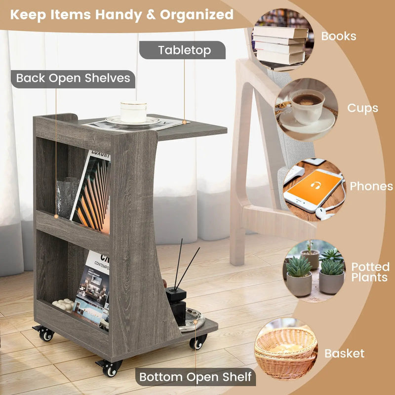 C-shaped Rolling End Side with Back Storage Shelves beside Sofa by DirectDeals