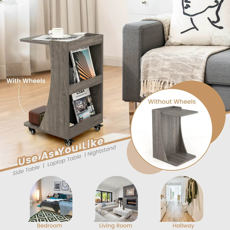 C-shaped Rolling End Side with Back Storage Shelves beside Sofa by DirectDeals