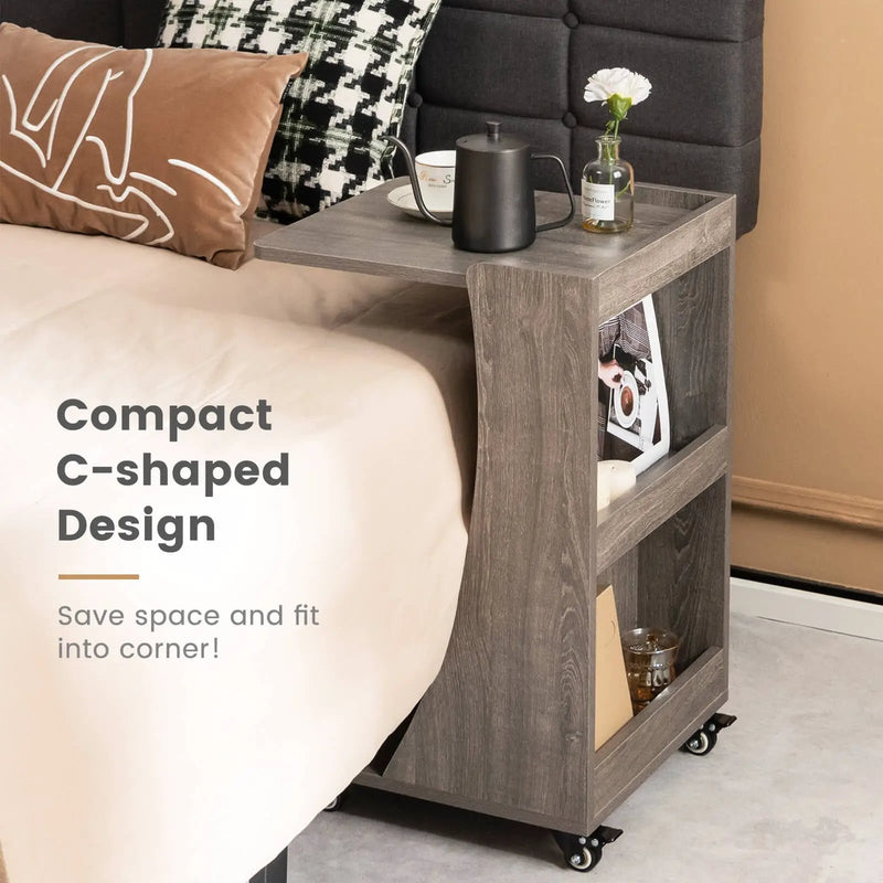 C-shaped Rolling End Side with Back Storage Shelves beside Sofa by DirectDeals