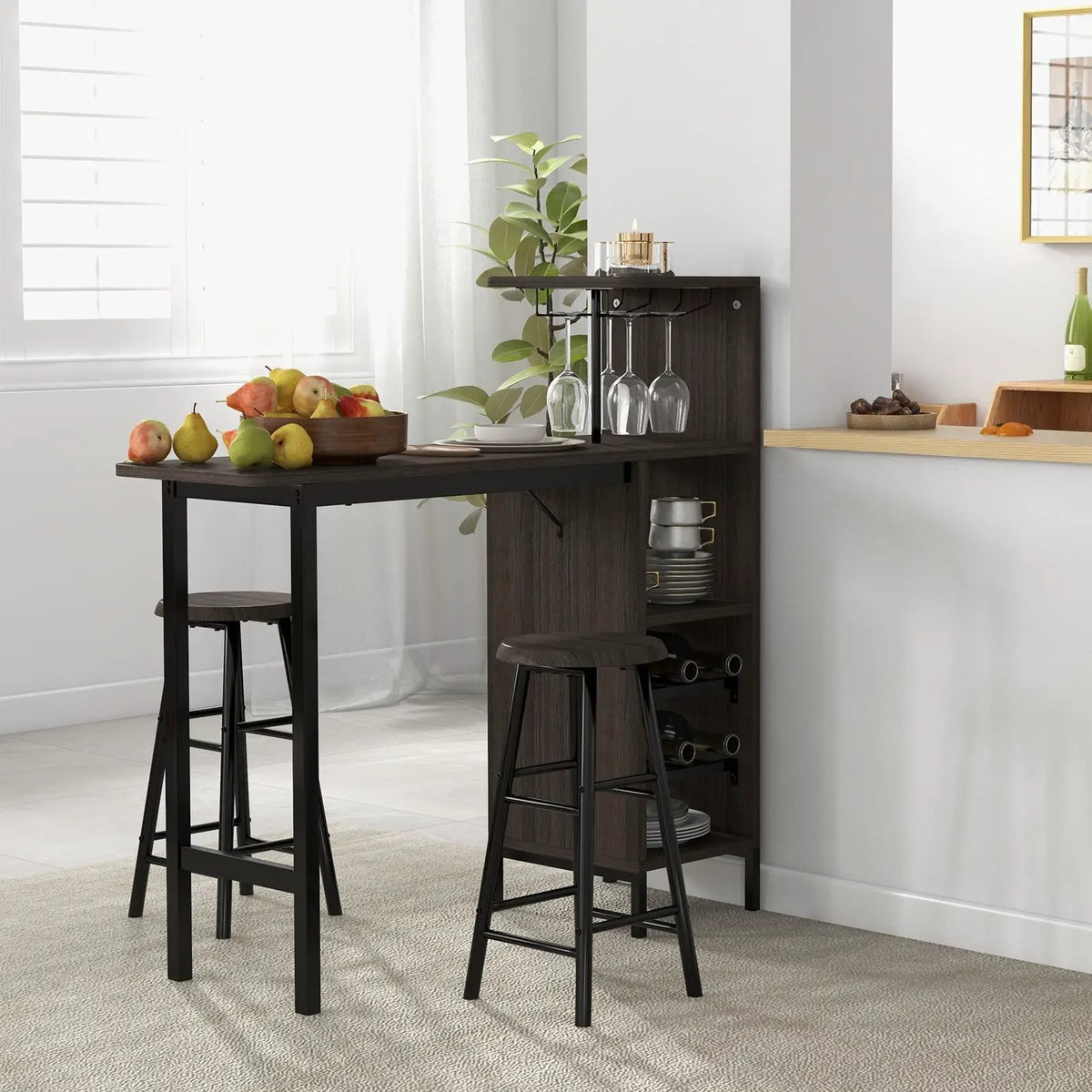 3 Piece Bar Table and Chairs Set with 6-Bottle Wine Rack-Brown by DirectDeals