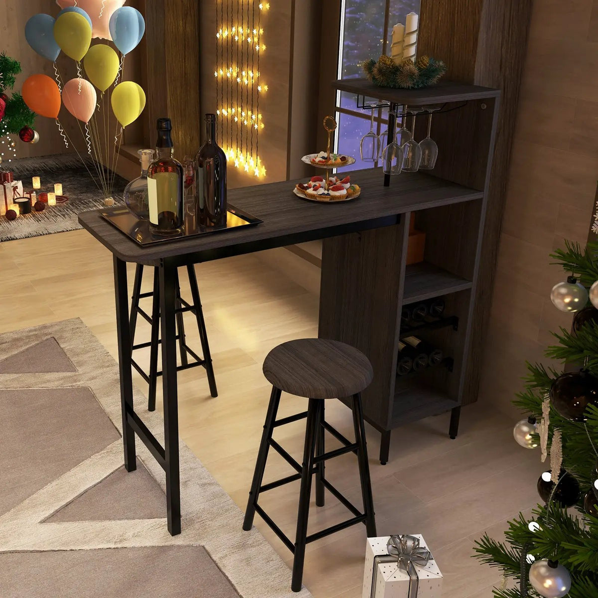 3 Piece Bar Table and Chairs Set with 6-Bottle Wine Rack-Brown by DirectDeals