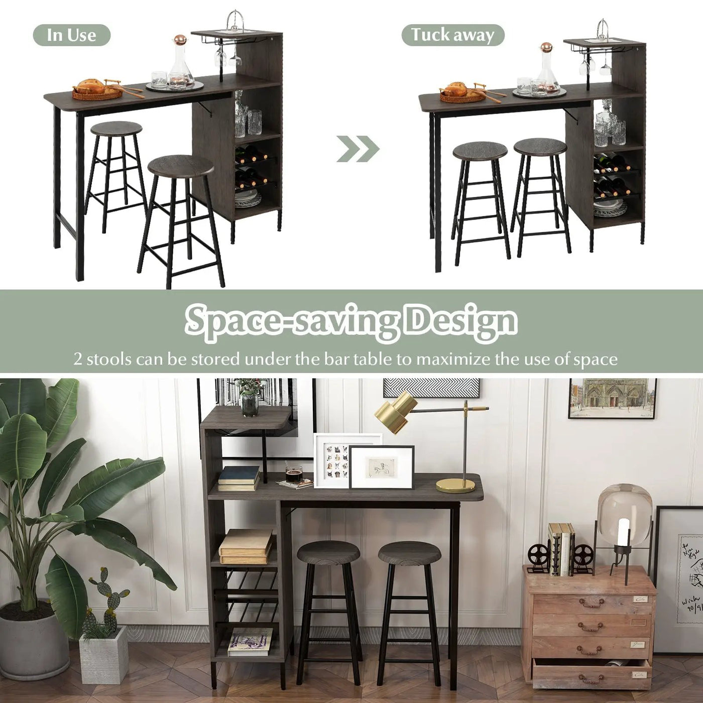 3 Piece Bar Table and Chairs Set with 6-Bottle Wine Rack-Brown by DirectDeals