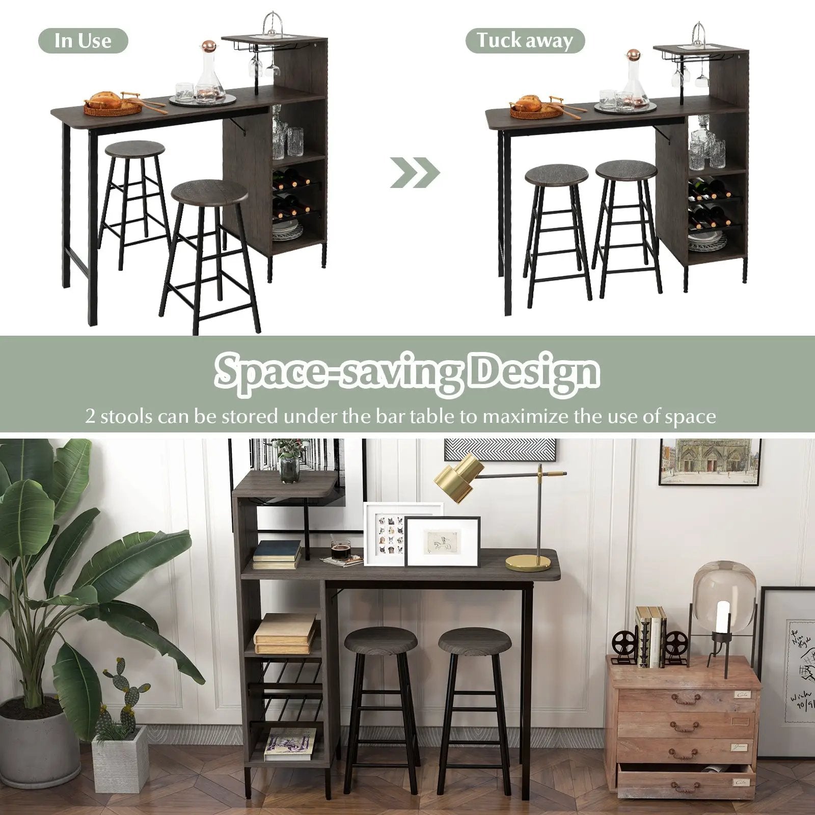 3 Piece Bar Table and Chairs Set with 6-Bottle Wine Rack-Brown by DirectDeals