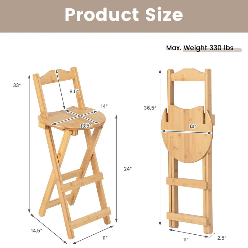 24 Inch Set of 2 Bamboo Folding Barstools with Footrests and Handles-Natural by DirectDeals