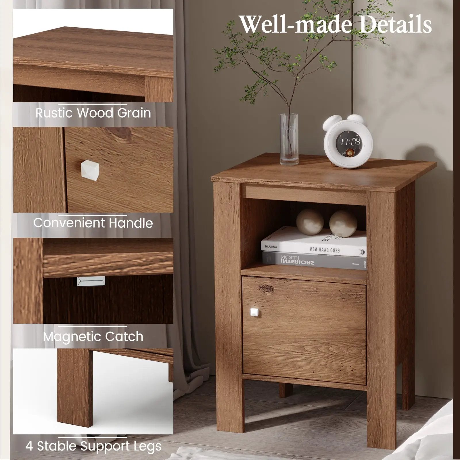Compact Floor Farmhouse Nightstand with Open Shelf and Cabinet by DirectDeals