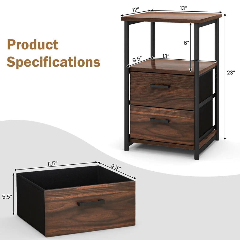 3-Tier Retro Nightstand with 2 Removable Fabric Drawers and Open Shelf-Walnut by DirectDeals