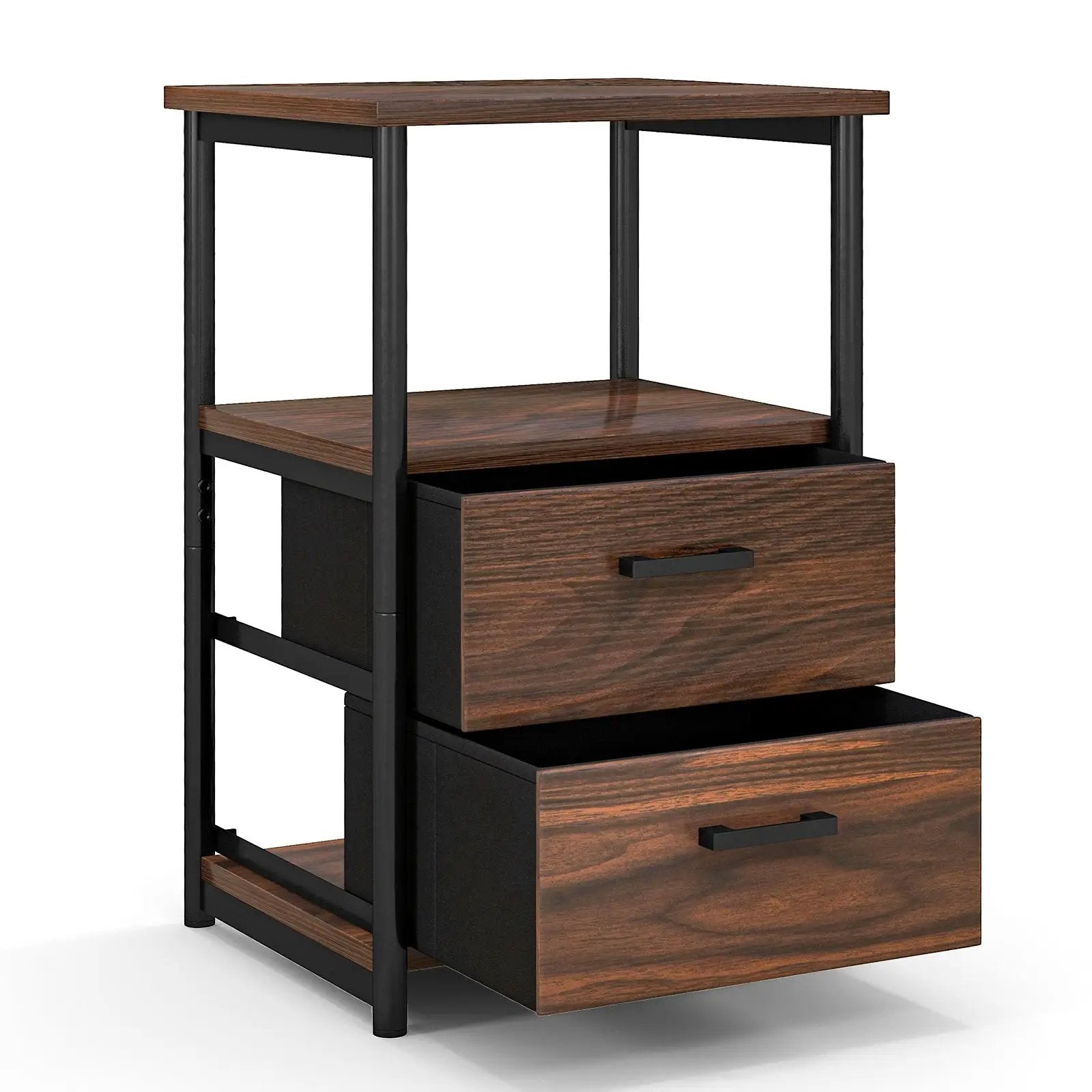 3-Tier Retro Nightstand with 2 Removable Fabric Drawers and Open Shelf-Walnut by DirectDeals