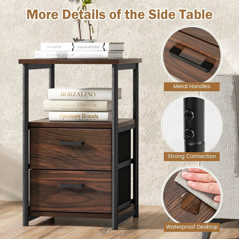 3-Tier Retro Nightstand with 2 Removable Fabric Drawers and Open Shelf-Walnut by DirectDeals