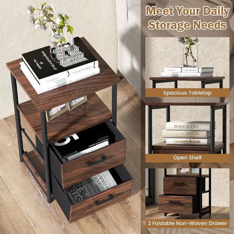 3-Tier Retro Nightstand with 2 Removable Fabric Drawers and Open Shelf-Walnut by DirectDeals