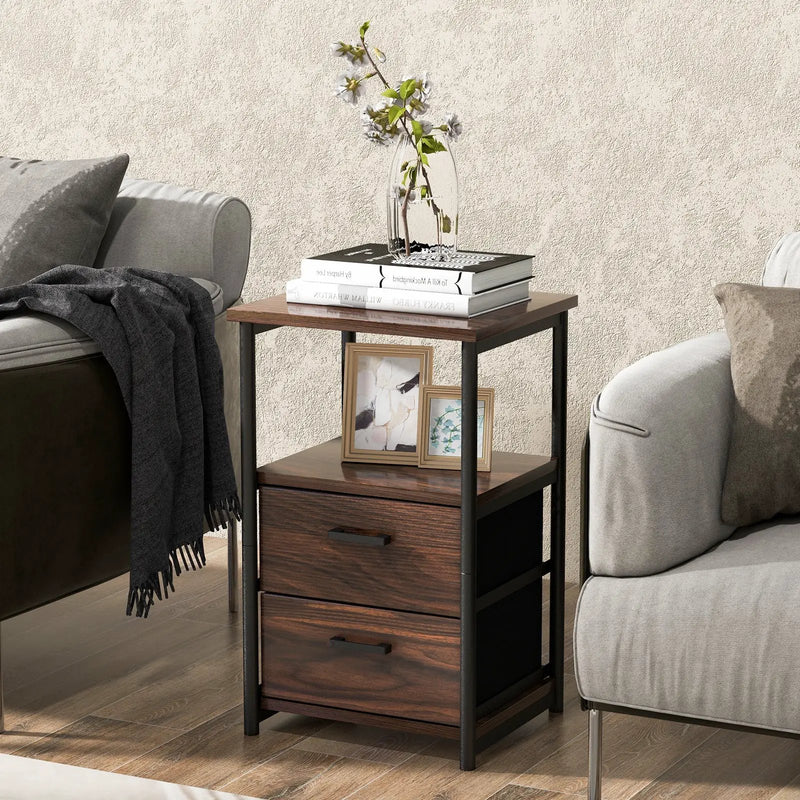 3-Tier Retro Nightstand with 2 Removable Fabric Drawers and Open Shelf-Walnut by DirectDeals