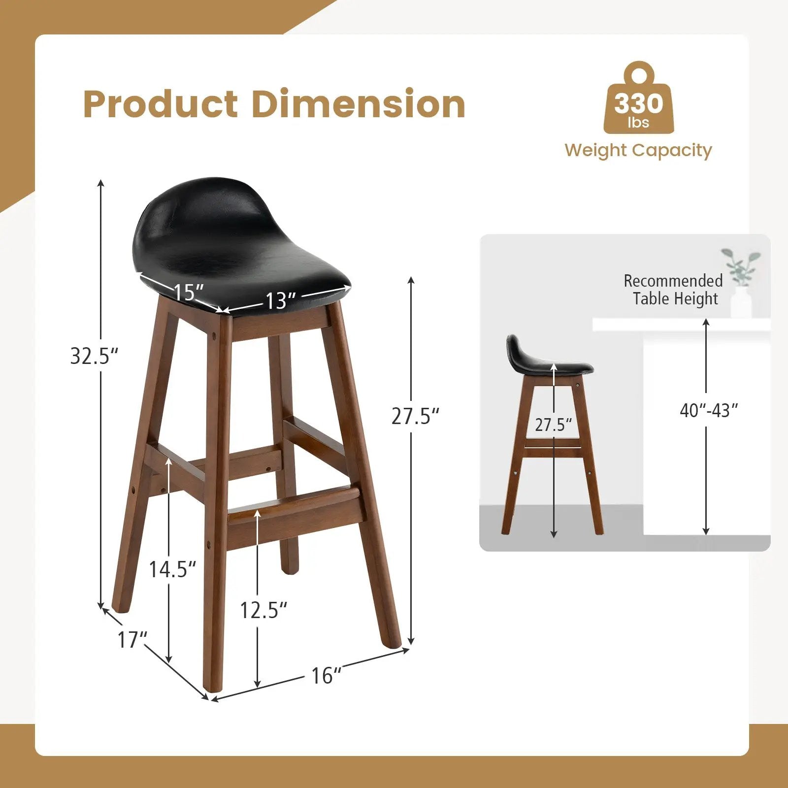 27.5 Inch Set of 2 Upholstered PU Leather Barstools with Back Cushion-Brown by DirectDeals
