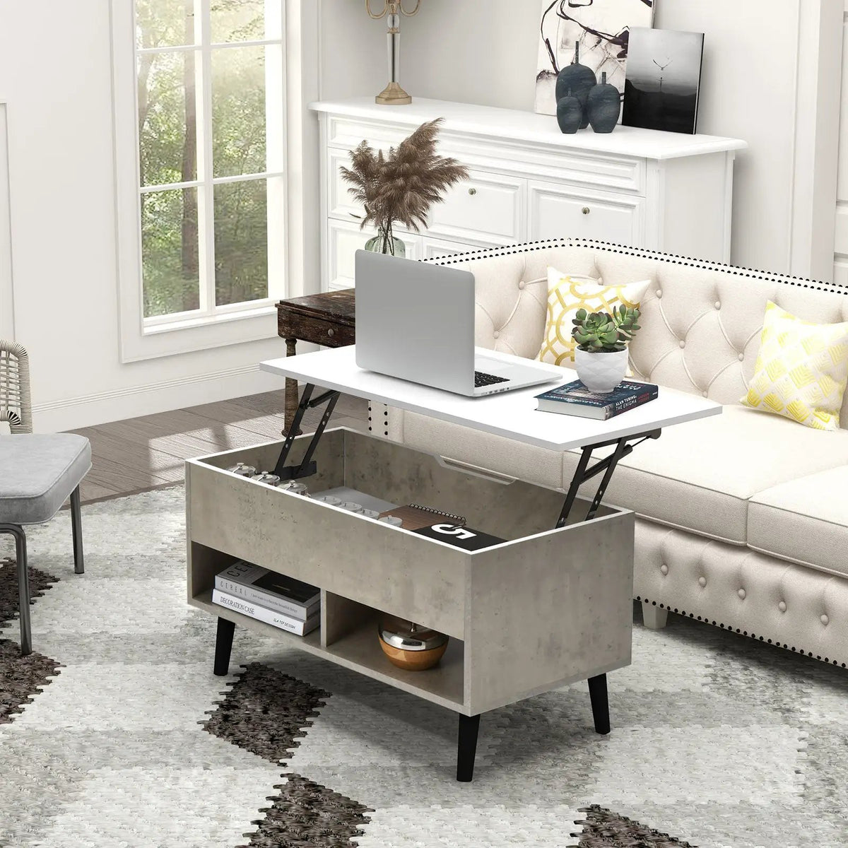 31.5 Inch Lift-Top Coffee Table with Hidden Storage and 2 Open Shelves, photo 30 of 40