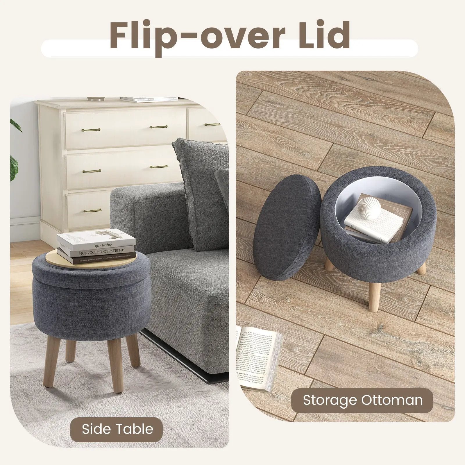Round Storage Ottoman with Rubber Wood Legs and Adjustable Foot Pads by DirectDeals