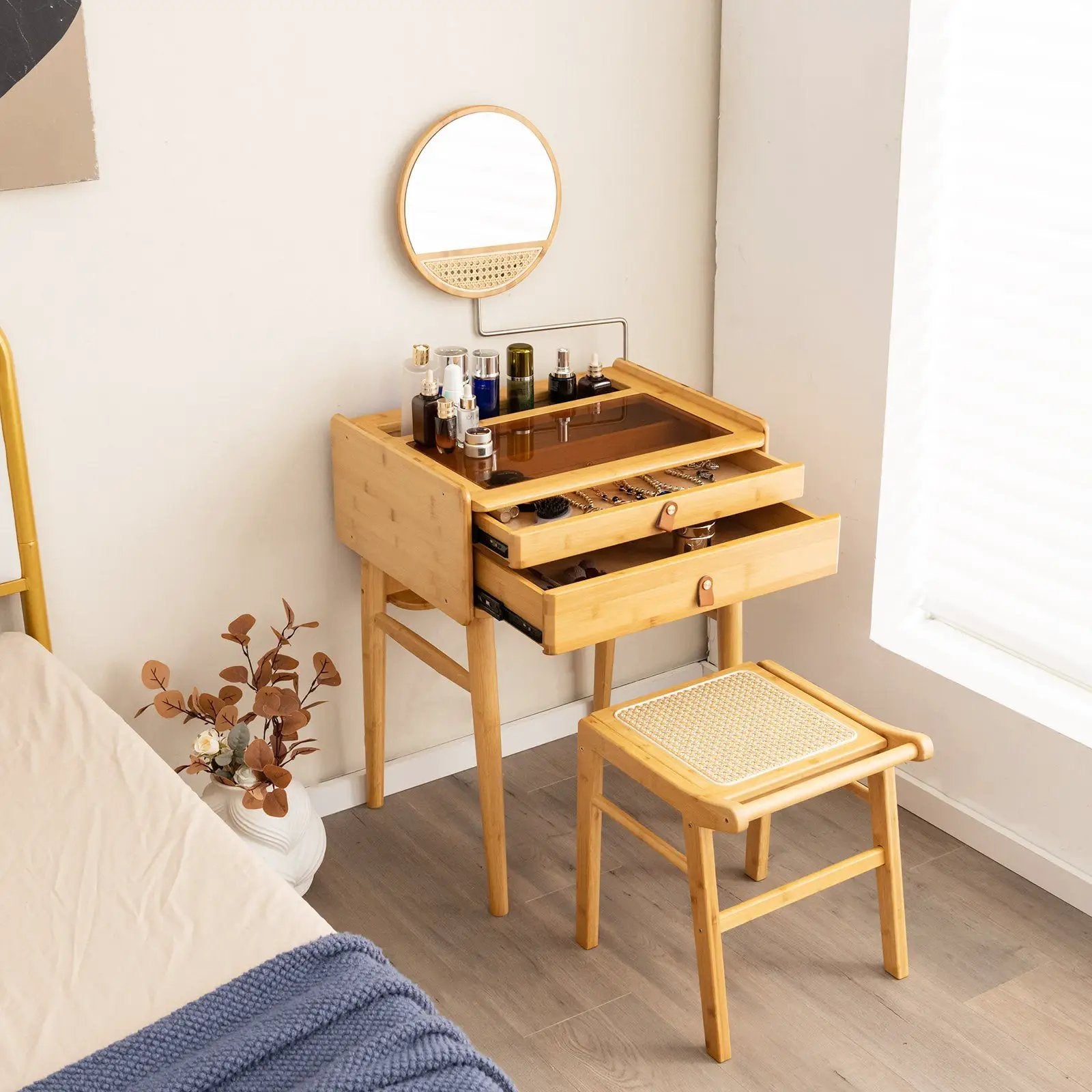 Bamboo Vanity Stool with Rattan Top and Reinforcement Bar-Natural by DirectDeals