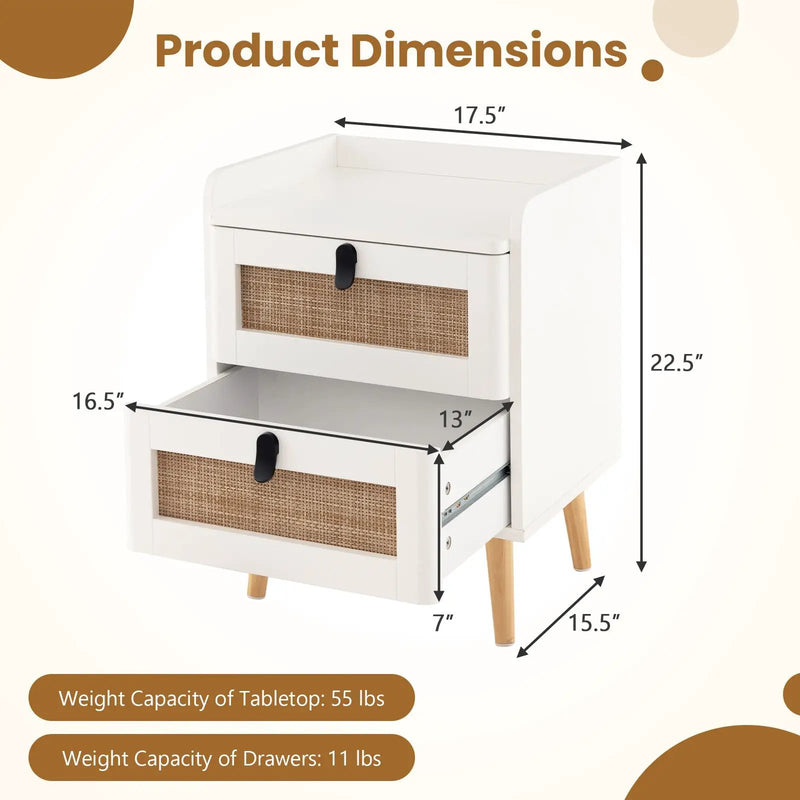 Modern End Table Bedside Table with 2 Rattan Decorated Drawers by DirectDeals