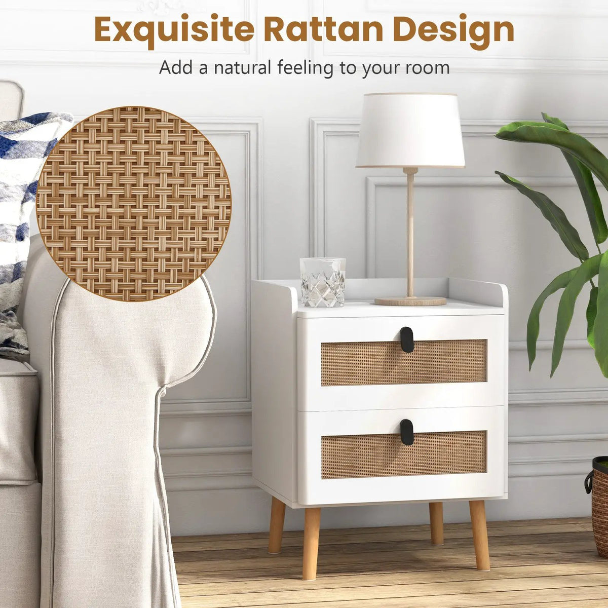 Modern End Table Bedside Table with 2 Rattan Decorated Drawers, photo 16 of 16