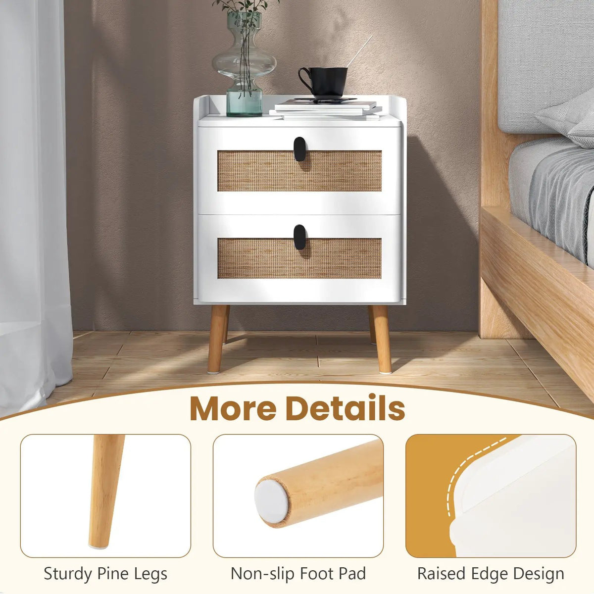 Modern End Table Bedside Table with 2 Rattan Decorated Drawers, photo 14 of 16