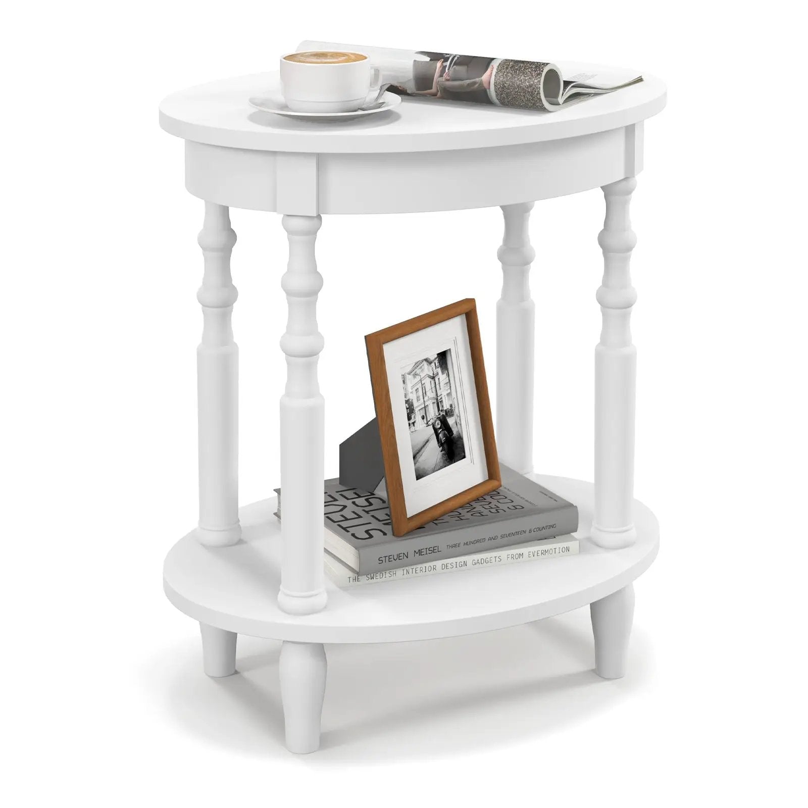 Oval Side Table with Storage Shelf and Wood Legs by DirectDeals