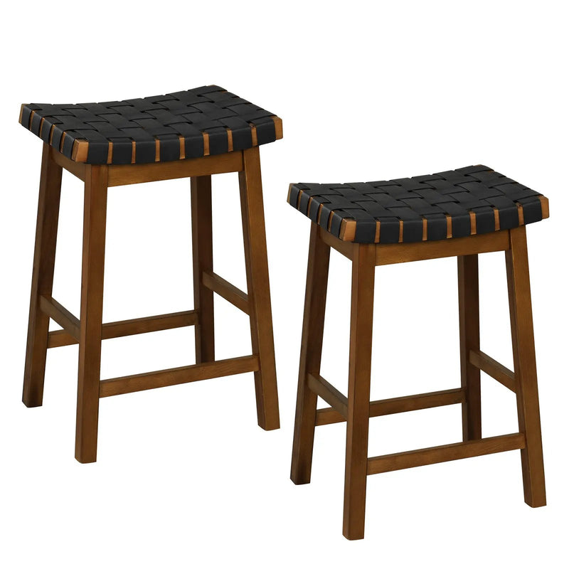 Faux PU Leather Bar Height Stools Set of 2 with Woven Curved Seat by DirectDeals