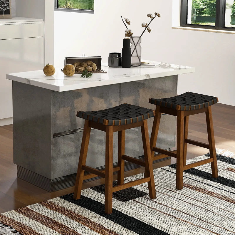 Faux PU Leather Bar Height Stools Set of 2 with Woven Curved Seat by DirectDeals