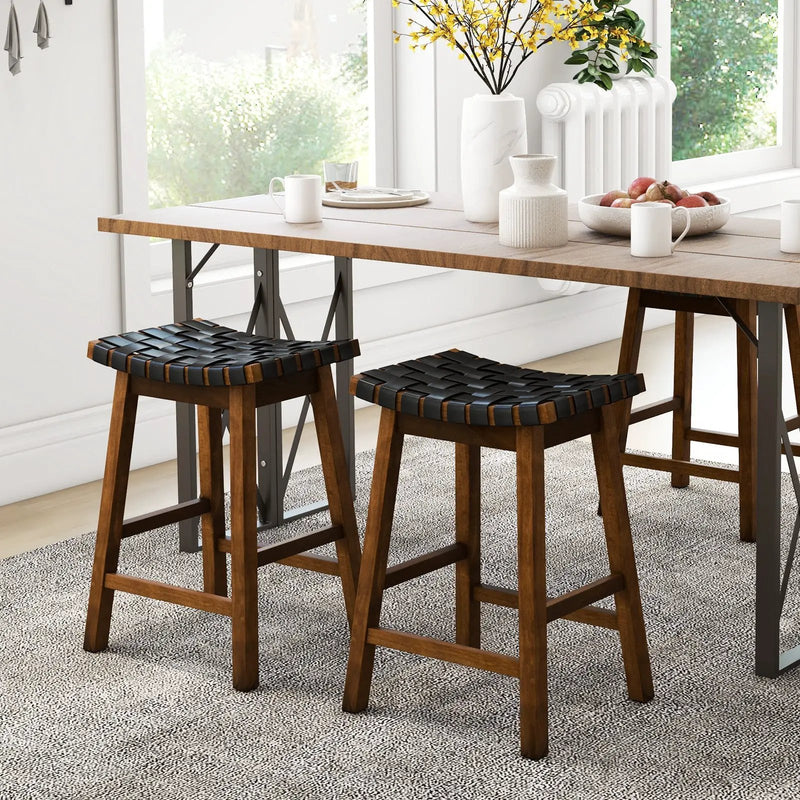 Faux PU Leather Bar Height Stools Set of 2 with Woven Curved Seat by DirectDeals