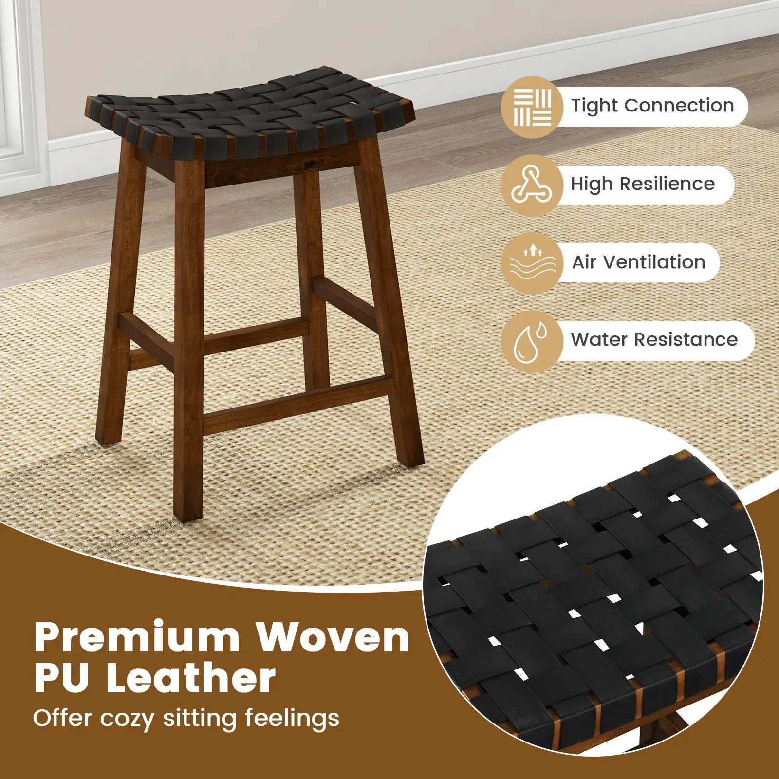 Faux PU Leather Bar Height Stools Set of 2 with Woven Curved Seat by DirectDeals