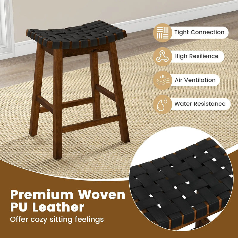 Faux PU Leather Bar Height Stools Set of 2 with Woven Curved Seat by DirectDeals