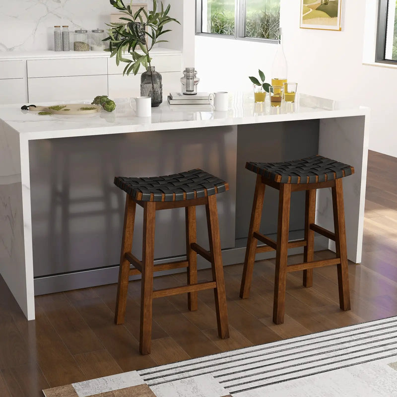 Faux PU Leather Bar Height Stools Set of 2 with Woven Curved Seat by DirectDeals