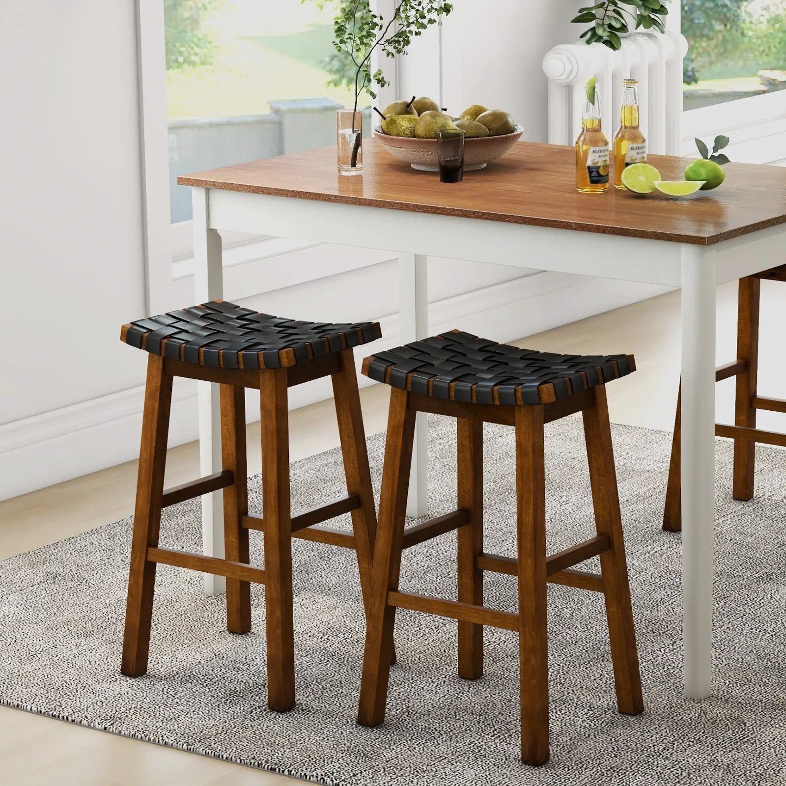 Faux PU Leather Bar Height Stools Set of 2 with Woven Curved Seat by DirectDeals