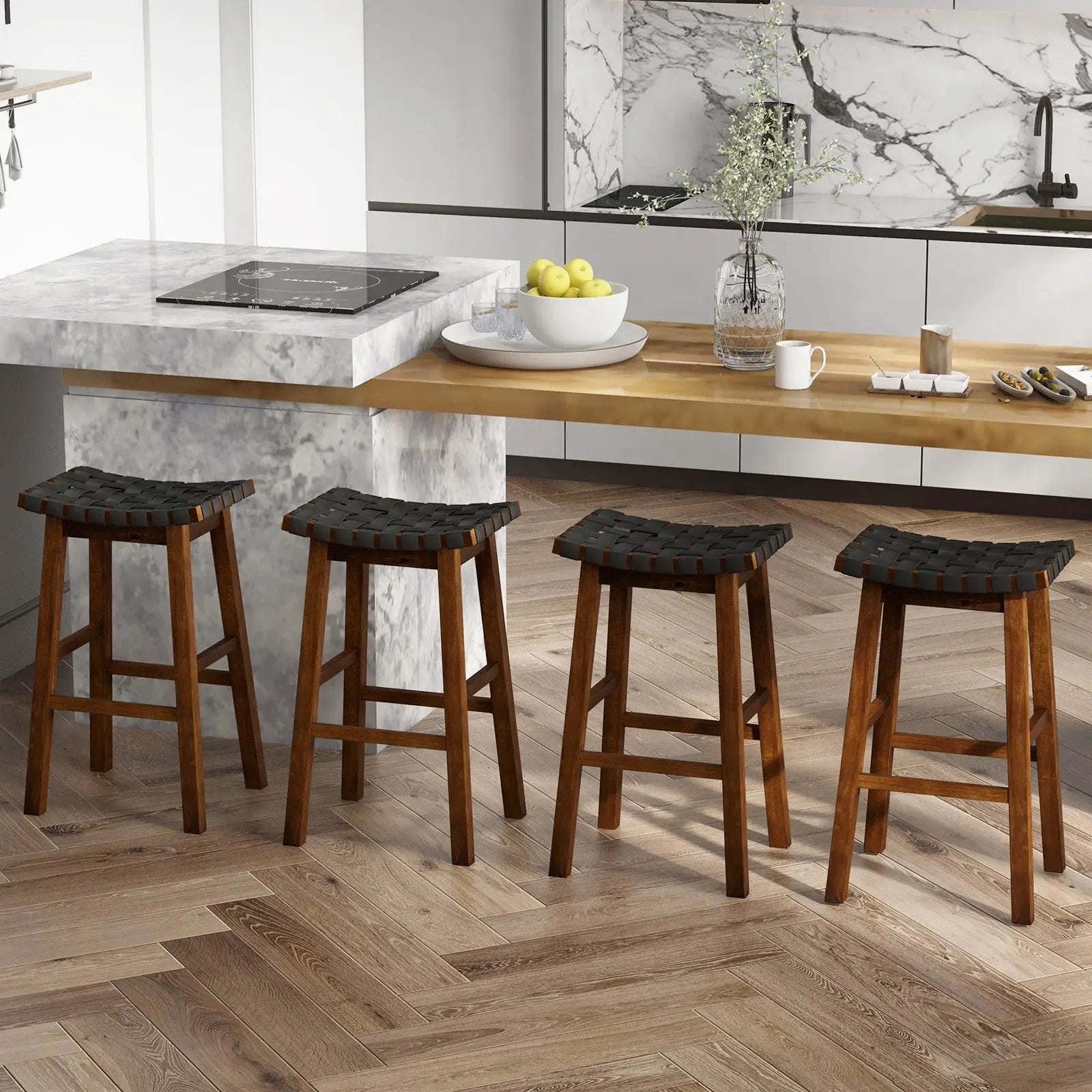 Faux PU Leather Bar Height Stools Set of 2 with Woven Curved Seat by DirectDeals