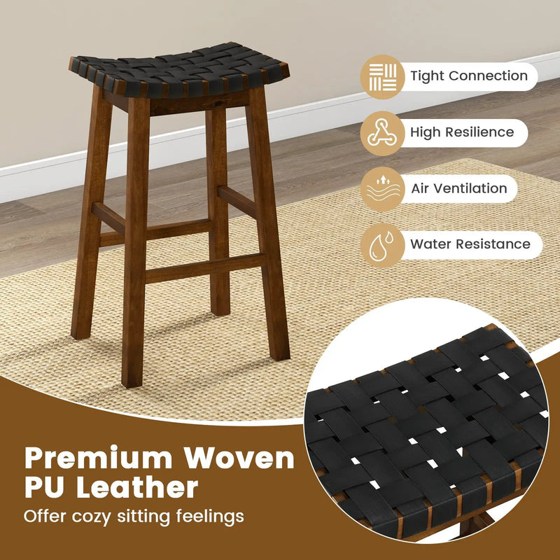 Faux PU Leather Bar Height Stools Set of 2 with Woven Curved Seat by DirectDeals