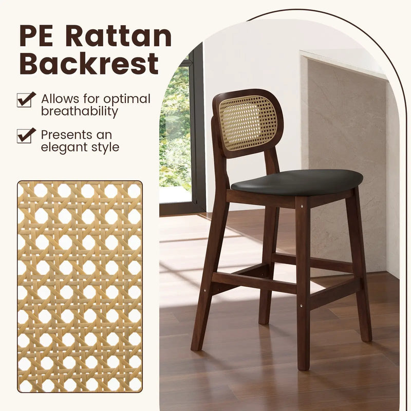 Wood Bar Chairs with PE Rattan Backrest Padded Seat and Footrest-Brown by DirectDeals