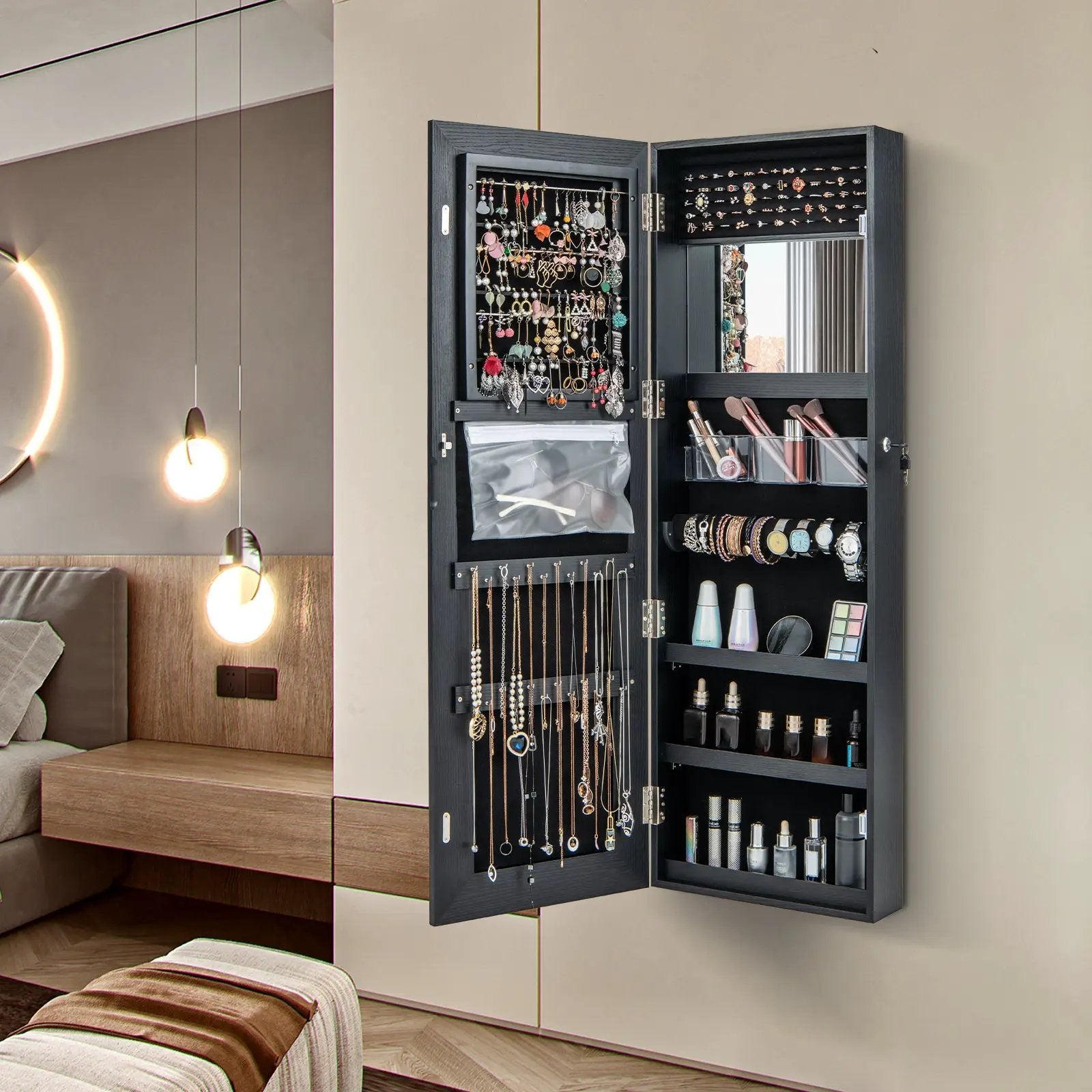 Mirrored Jewelry Armoire with Full Length Mirror and 2 Internal LED Lights by DirectDeals