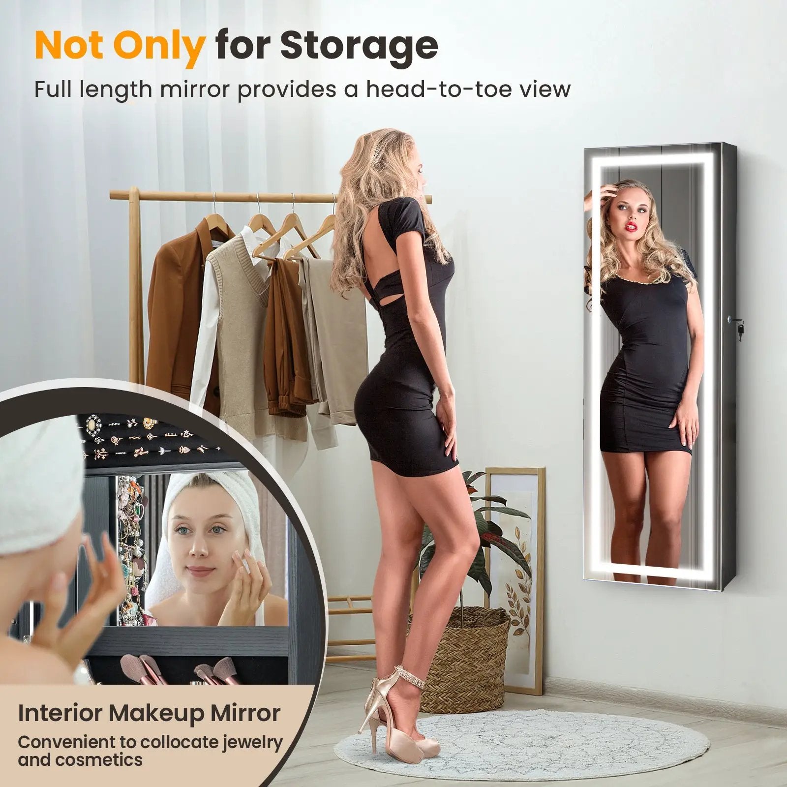 Mirrored Jewelry Armoire with Full Length Mirror and 2 Internal LED Lights by DirectDeals