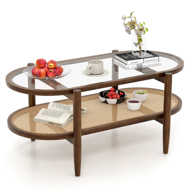 2-Tier Coffee Table with Tempered Glass Tabletop and Acacia Wood Frame by DirectDeals