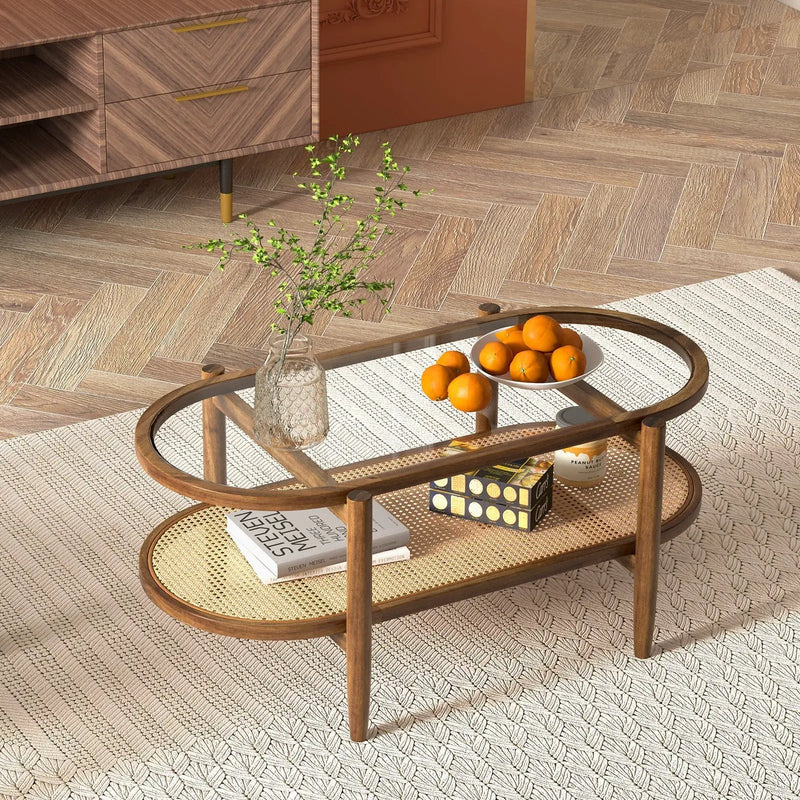 2-Tier Coffee Table with Tempered Glass Tabletop and Acacia Wood Frame by DirectDeals