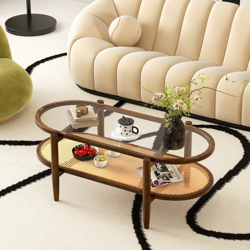 2-Tier Coffee Table with Tempered Glass Tabletop and Acacia Wood Frame by DirectDeals