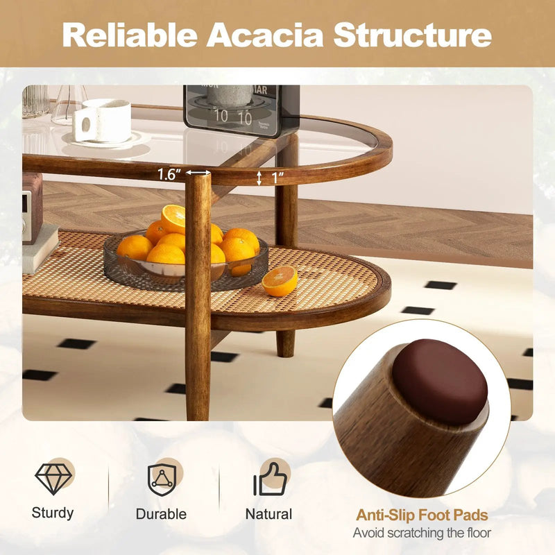 2-Tier Coffee Table with Tempered Glass Tabletop and Acacia Wood Frame by DirectDeals