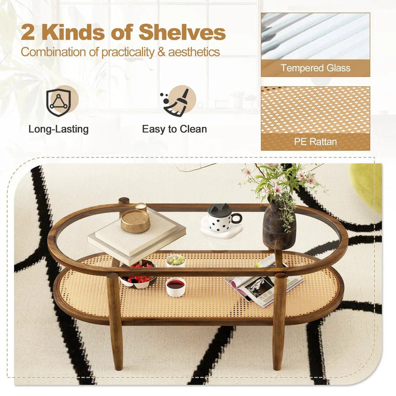 2-Tier Coffee Table with Tempered Glass Tabletop and Acacia Wood Frame by DirectDeals