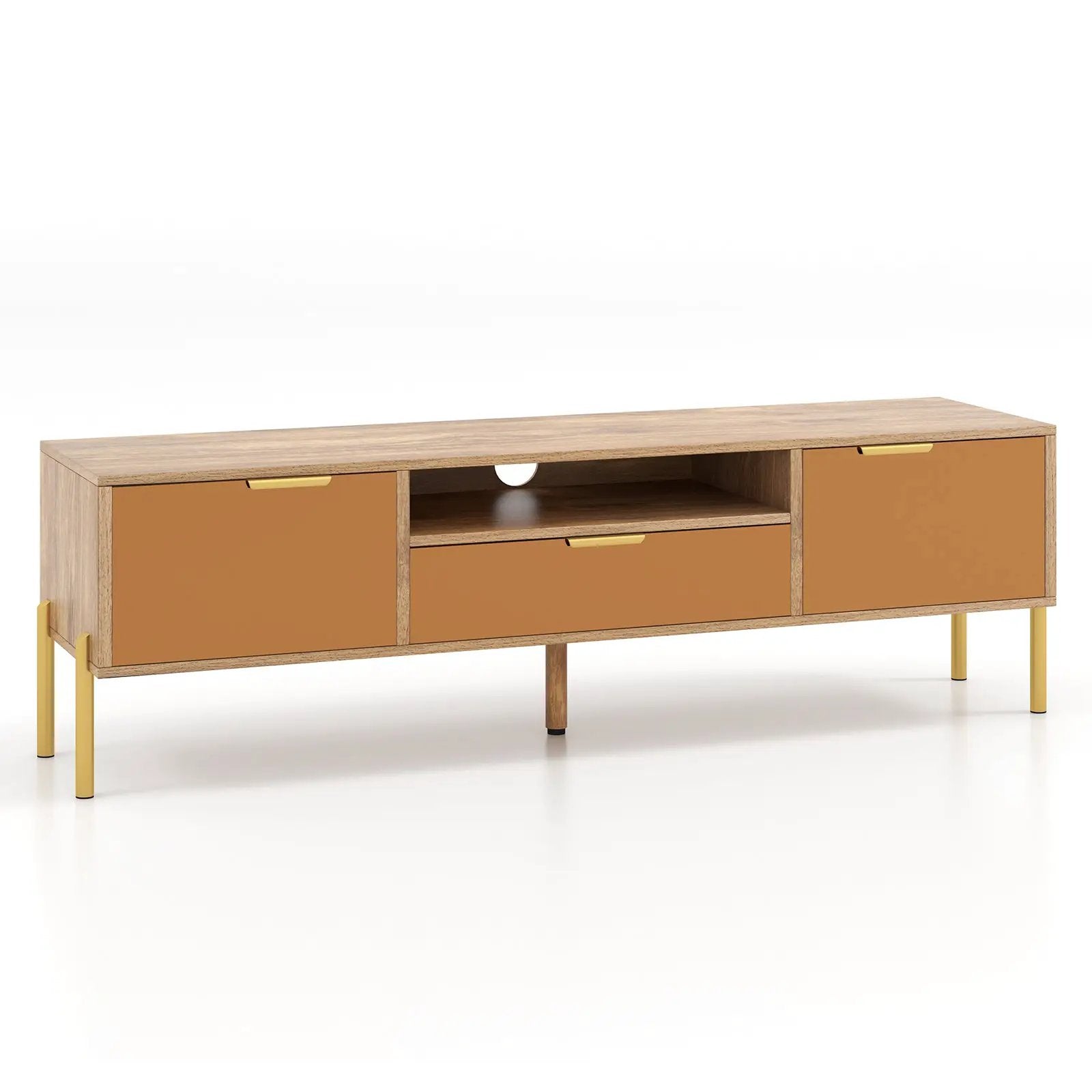 Mirrored TV Stand for TV up to 65 Inch with Spacious Tabletop and 2 Storage Cabinets-Natural by DirectDeals