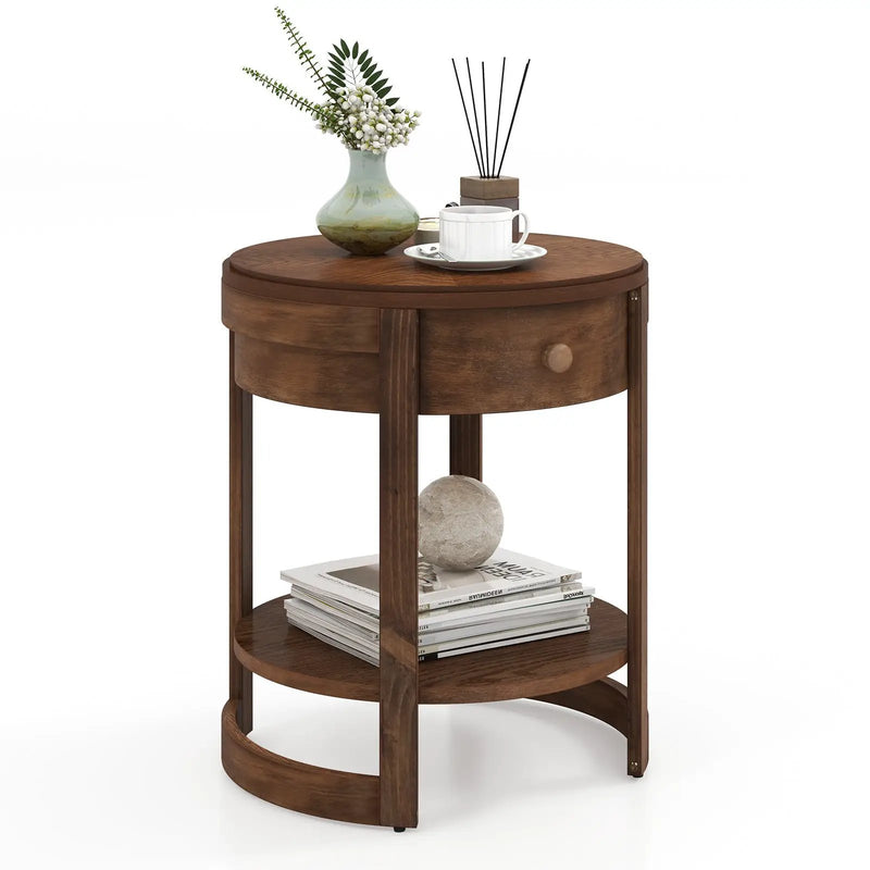 2-Tier Round End Table Mid Century Modern Nightstand with Drawer and Shelf by DirectDeals