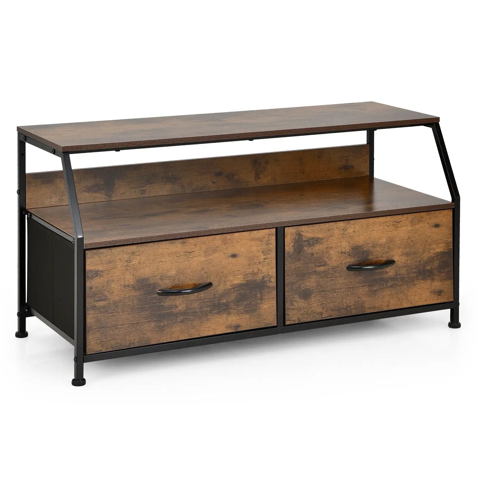 Dresser TV Stand with 2 Folding Fabric Drawers and Open Shelves-Rustic Brown by DirectDeals