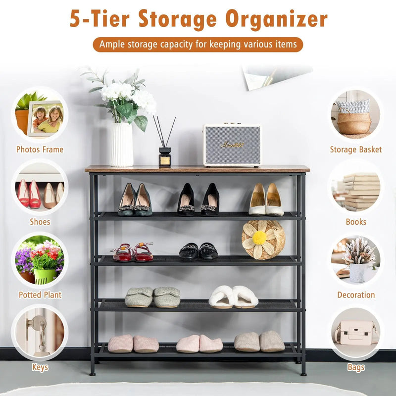 Industrial Adjustable 5-Tier Metal Shoe Rack with 4 Shelves for 16-20 Pairs by DirectDeals